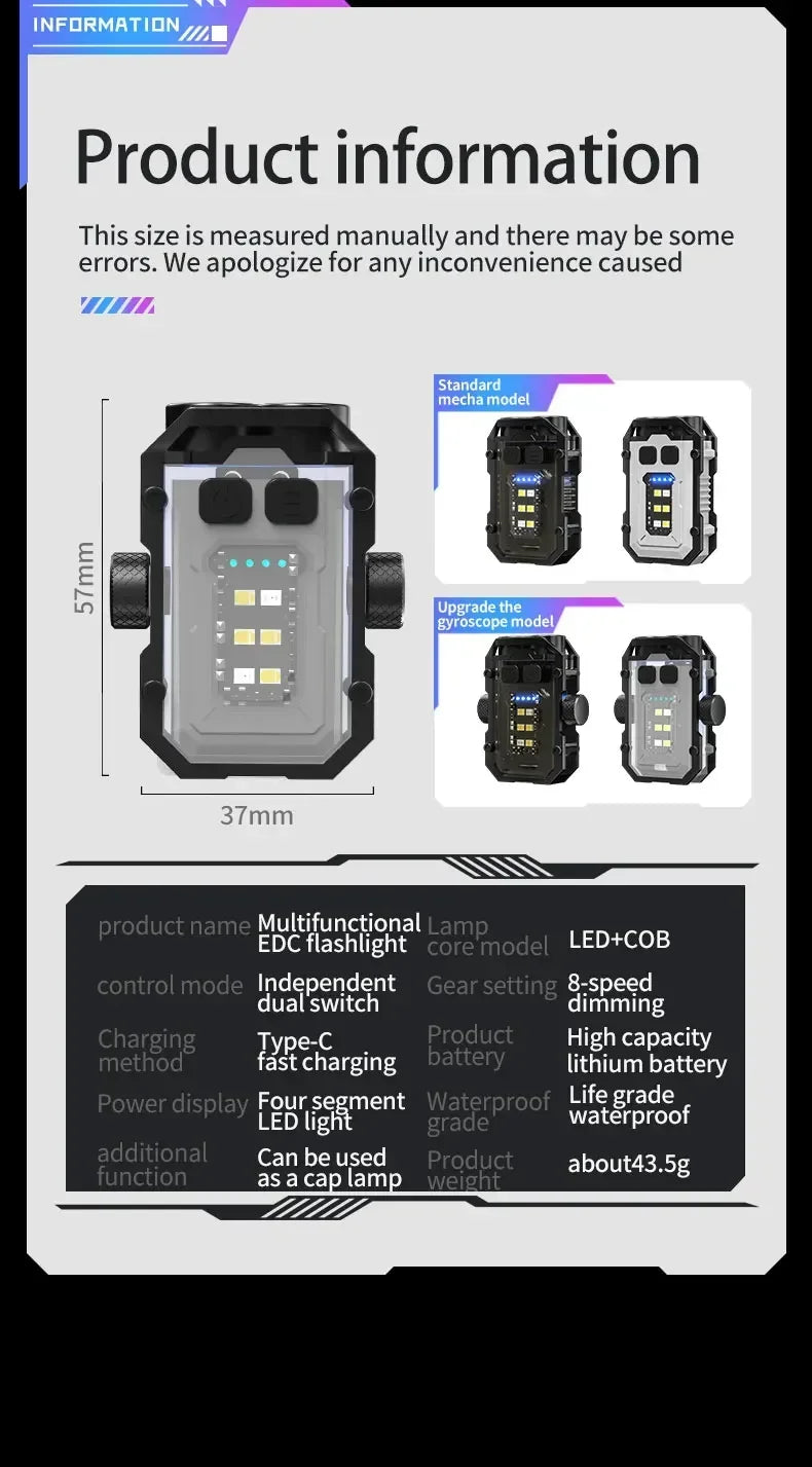 Mini LED Keychain Light Portable Magnetic EDC Flashlight Outdoor Camping Fishing Emergency Work Hat Clip Lamp With FingertipGyro