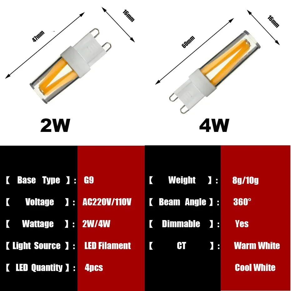 Dimmable G9 LED Bulb 110V 220V 2W 4W Filament COB lamp Replace 30W 40W Halogen Lights for Home Chandelier Lighting