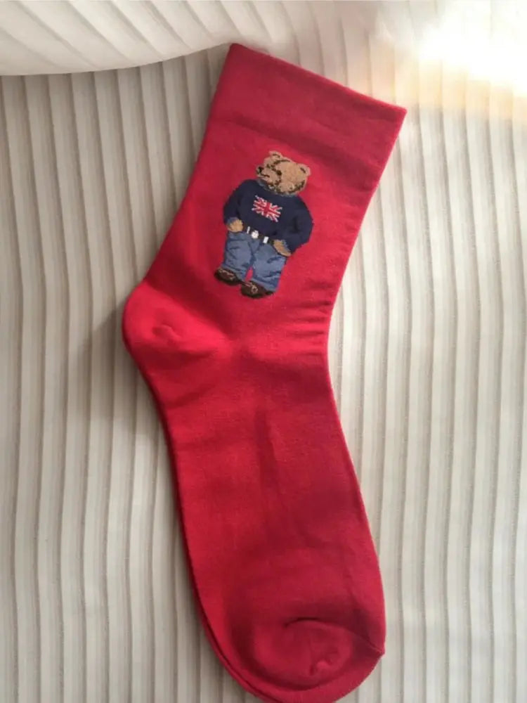 Cartoon Gentleman Bear Socks Red Socks for Men Cotton Harajuku Skateboard Socks Novelty Breathable Sox Christmas Gift