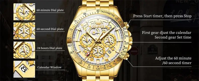 OLEVS Men's Watches Gold Luxury Hollow Out Style Original Quartz Watch for Man Waterproof Luminous Chronograph Date 24 Hours