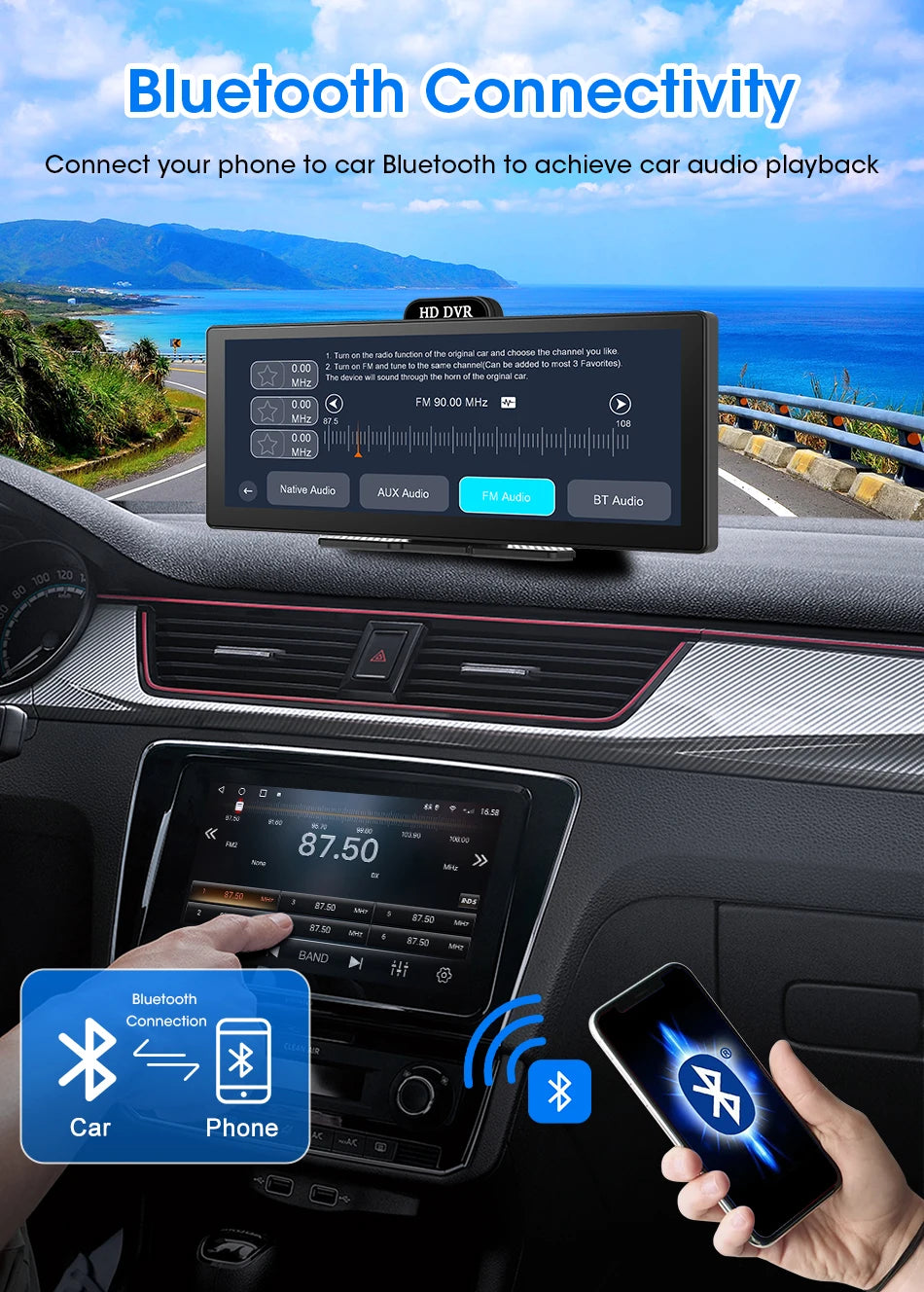 10/11.26 Inch 4K DVR Wireless CarPlay & Android Auto Dash Cam Bluetooth Audio GPS Navigation Dashboard Dual Lens Video Recorder