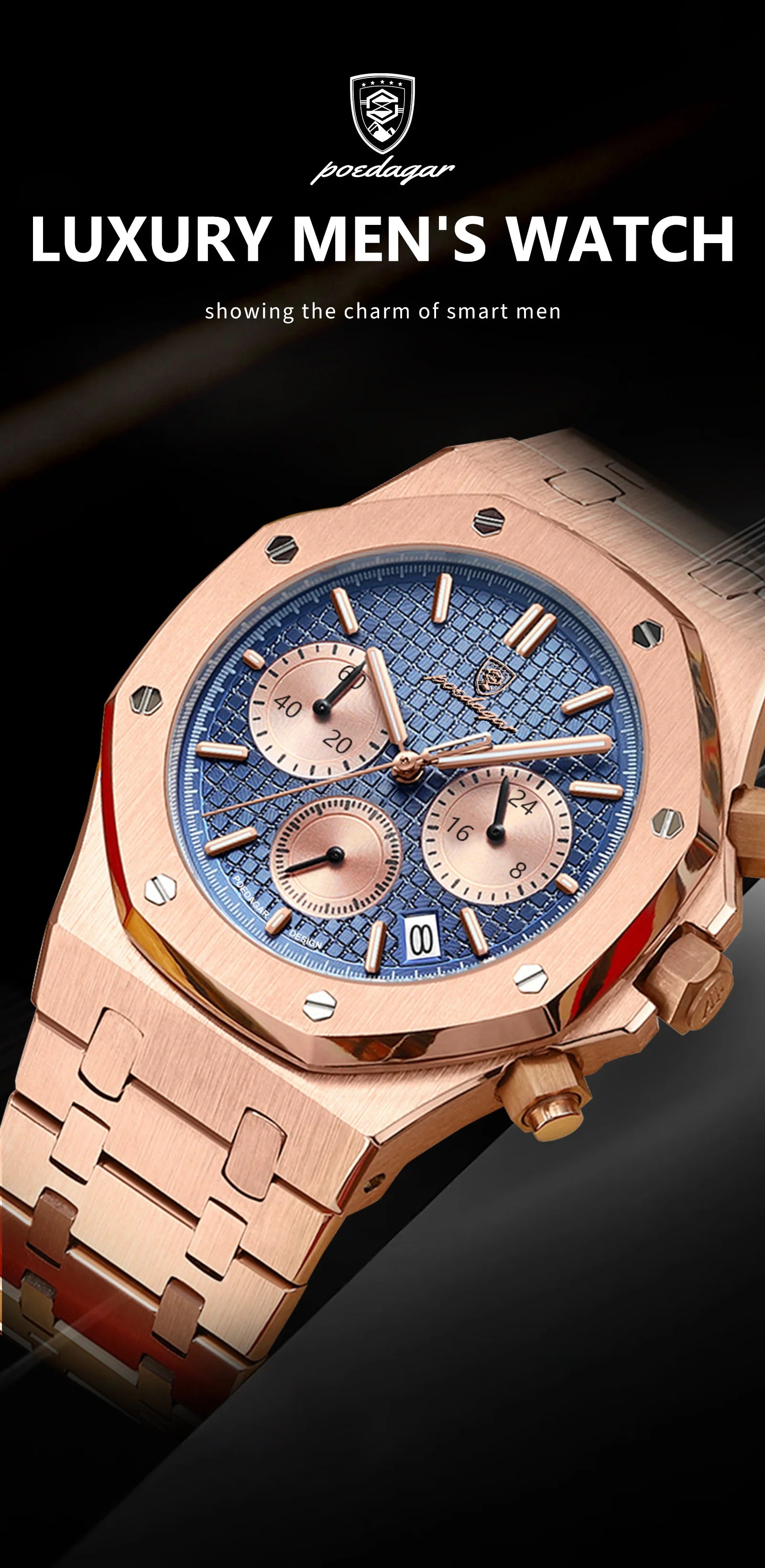 POEDAGAR Original Luxury Men's Watches Date Chronograph Stainless Steel Quartz Watch Waterproof Luminous Fashion Man Wristwatch