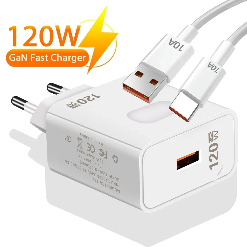 GaN USB Charger Fast Charging 120W Quick Charge QC3.0 Type C Cable Mobile Phone Wall Adapter for Huawei Redmi Xiaomi 15 Oneplus