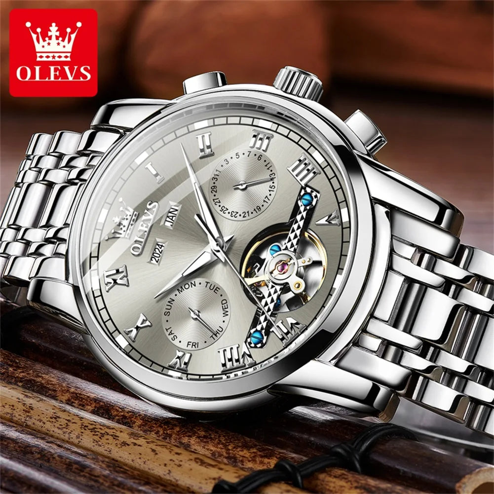 OLEVS 6607 Fully Automaitc Watches Stainless Steel Skeleton Flywheel Dual Calendar Top Luxury Brand Men's Mechanical Wristwatch