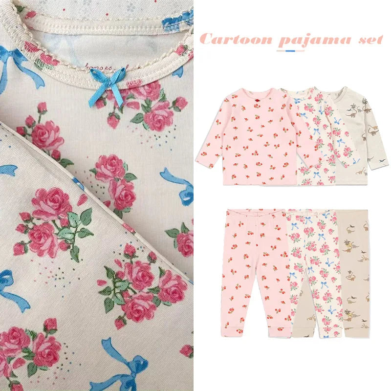 Children's Clothings 2025 New Autumn Winter Baby Girls Homewear Flower Cotton Printed Shirts Leggings Pants Set Korean Clothes
