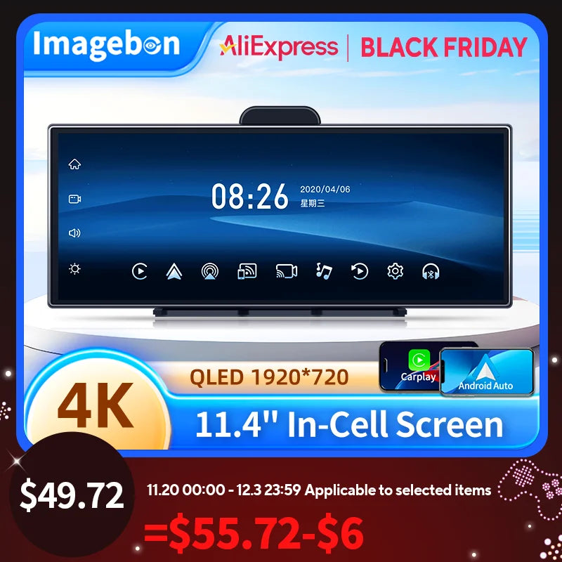 Imagebon H70K 11.4" 4K Dashcam Wireless CarPlay & Android Auto Dual Recording WiFi GPS Navigation AI Voice Night Vision Car DVR