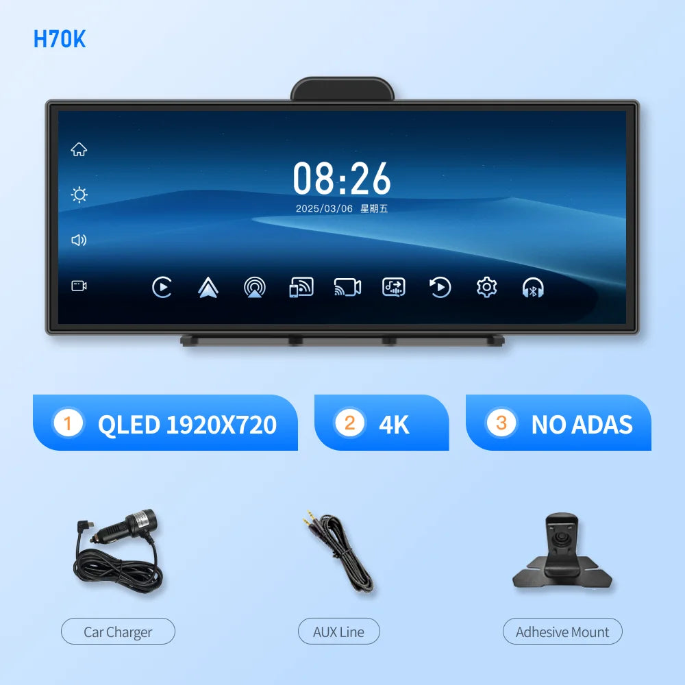 Imagebon H70K 11.4" 4K Dashcam Wireless CarPlay & Android Auto Dual Recording WiFi GPS Navigation AI Voice Night Vision Car DVR