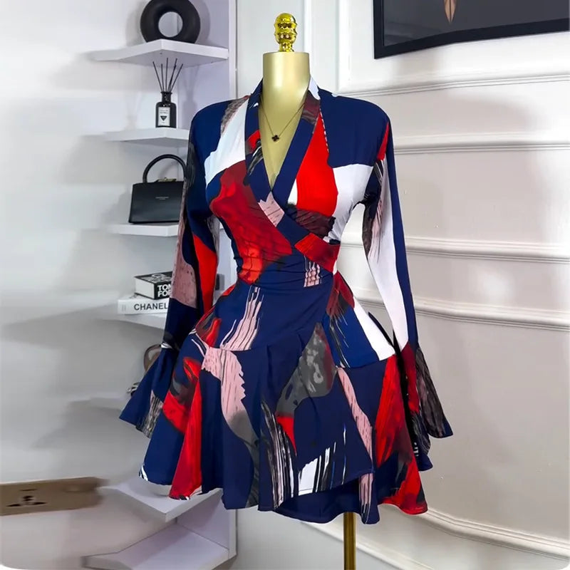 Women's Clothing 2025 Summer New Sweet Fresh Printed V-neck Tie Bell Sleeve High Waist Dress Short Skirt Vestido Women Elegant