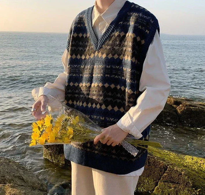 Men's Clothing Plaid Sleeveless Blue Knit Sweater Male Graphic Waistcoat Vest Casual Korean Style Baggy Fashion Stylish Hot A