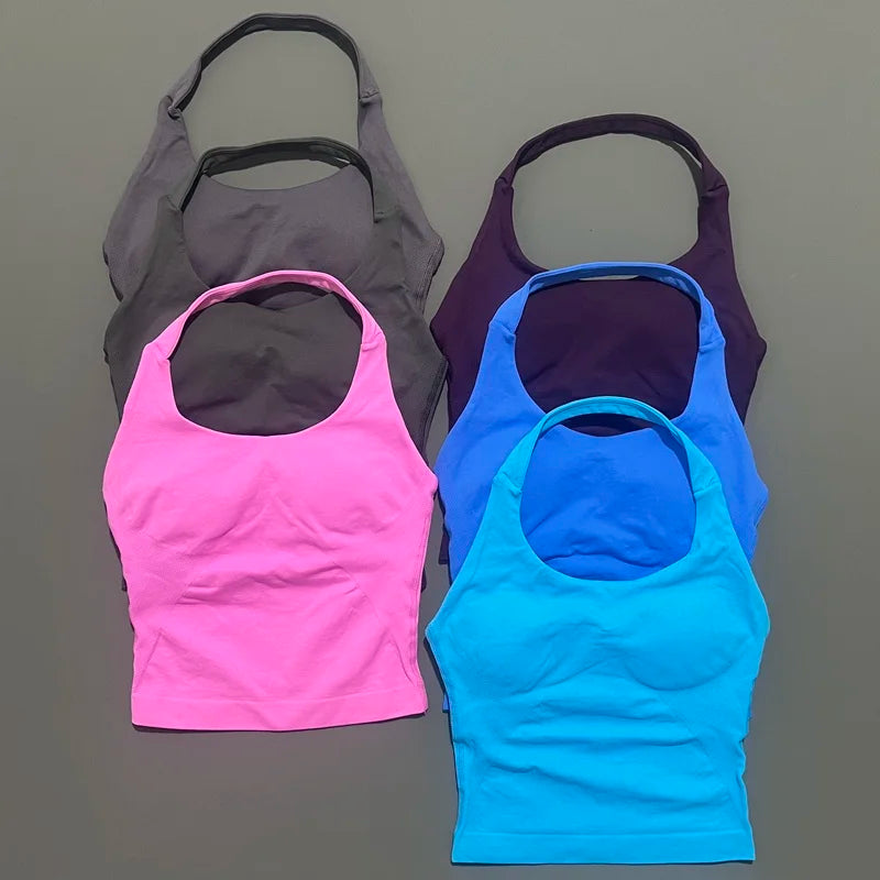 HISTELLO Impact Halter Top Seamless Longline Strappy Gym Top Women Built-in Bra Removable Cups Activewear Yoga Tank Tops