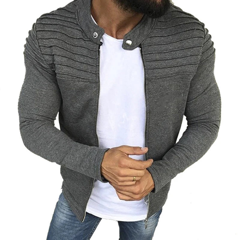 Autumn Sports Casual Men Jacket Men's Pleats Slim Stripe Fit Jacket Zipper Long Sleeve Coat Cardigan Coat