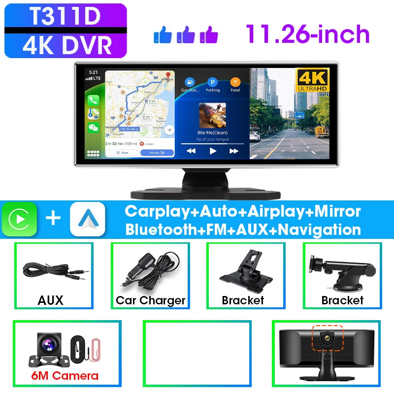 7/10.26"/11 26" Dash Cam 4K Car DVR Wireless Carplay Android Auto Ai Screen 1080P Camera GPS Navigation Video Recorder Bluetooth