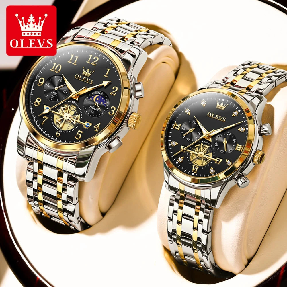 OLEVS New Flywheel Design Luxury Couple Watch Waterproof Moon Phase Chronograph Brand Original Quartz Wrist Watch for Men Women