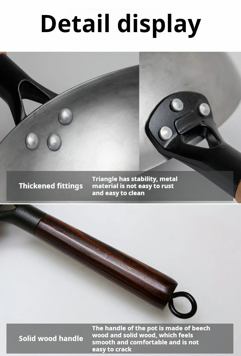 Iron Pot Household Frying Pan Traditional Hand Forged Without Coating Wooden Handle Old-style Non-iron Pot (30cm)