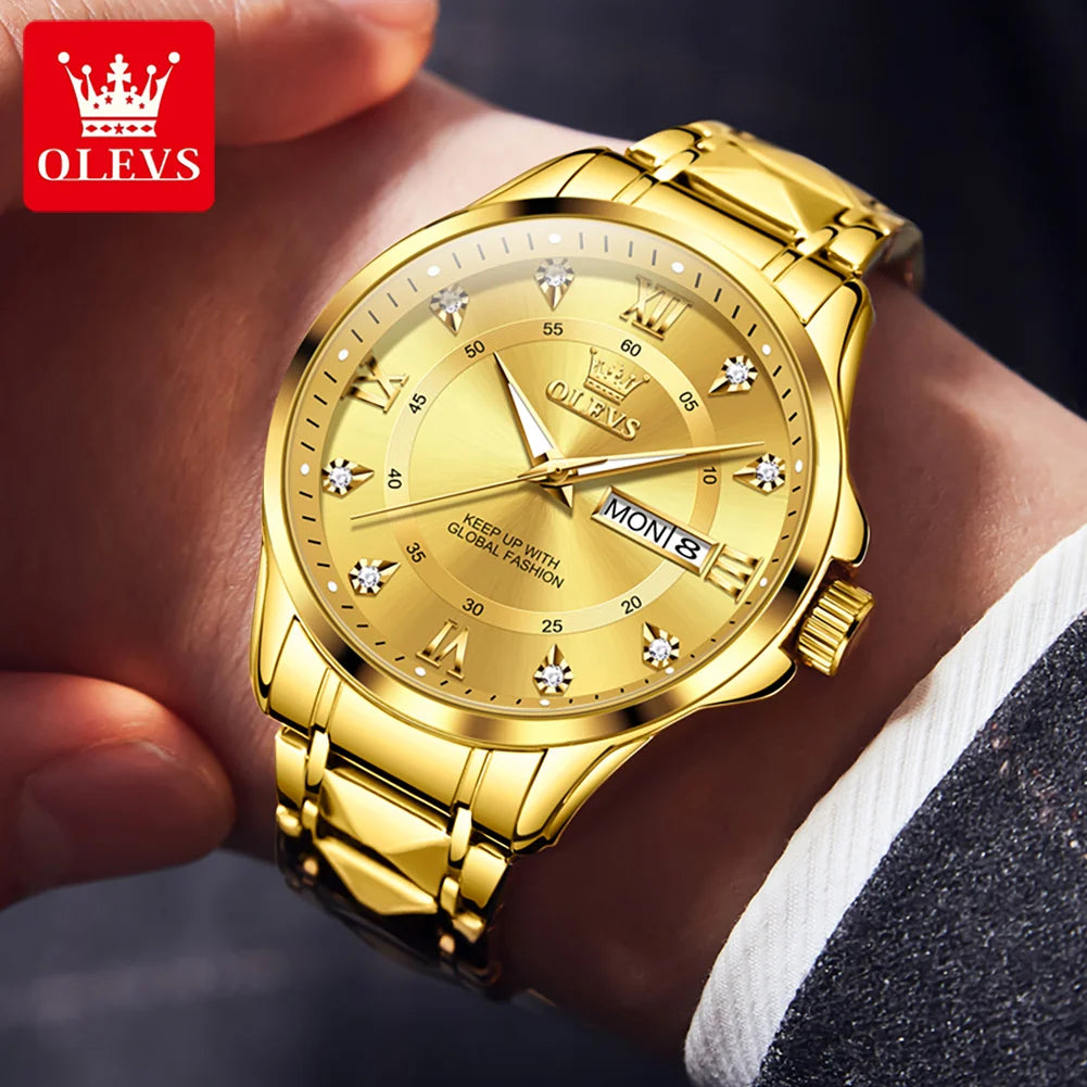 OLEVS Men's Watch No.2906 Fashion Business Original Quartz Watches Rhombus Stainless Steel Waterproof Luminous Week Date Display