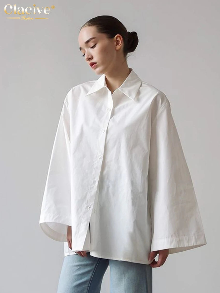 Clacive Fashion Loose White Cotton Women's Blouse 2025 Casual Lapel Long Sleeve Shirt Elegant Classic Solid Top Female Clothing