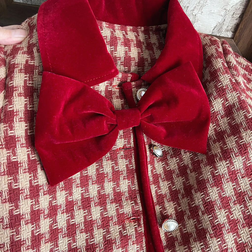 Children's Clothing Sets Red Plaid Bow Coat + Pleated Skirt Sets Winter Clothes for Girls Baby Girl Outfit Set Boutique Clothes