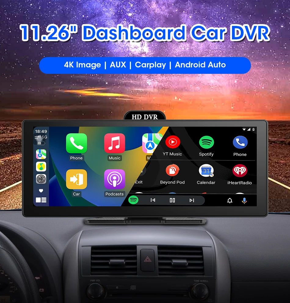 10/11.26 Inch 4K DVR Wireless CarPlay & Android Auto Dash Cam Bluetooth Audio GPS Navigation Dashboard Dual Lens Video Recorder