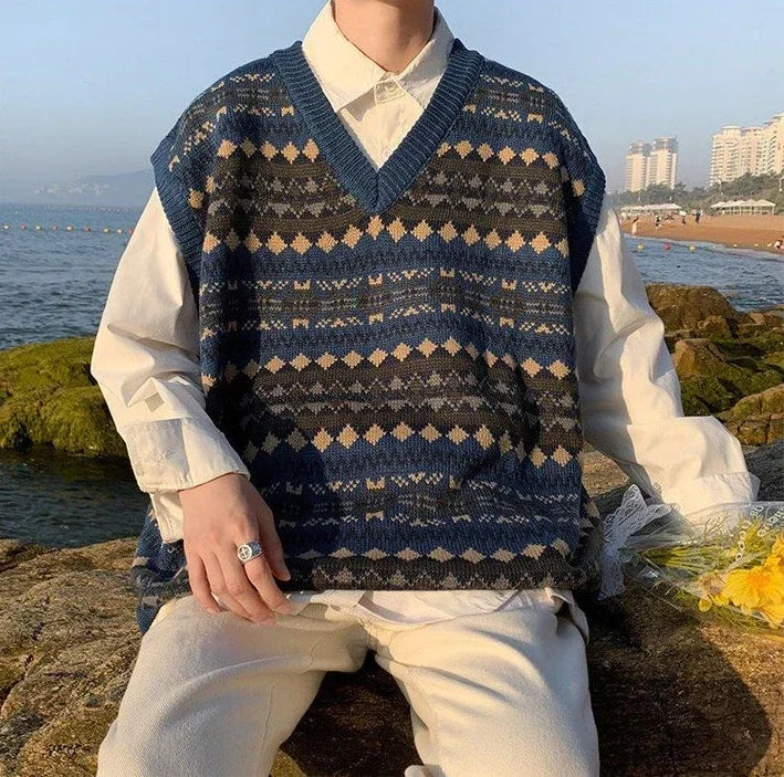 Men's Clothing Plaid Sleeveless Blue Knit Sweater Male Graphic Waistcoat Vest Casual Korean Style Baggy Fashion Stylish Hot A