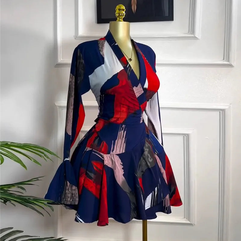 Women's Clothing 2025 Summer New Sweet Fresh Printed V-neck Tie Bell Sleeve High Waist Dress Short Skirt Vestido Women Elegant