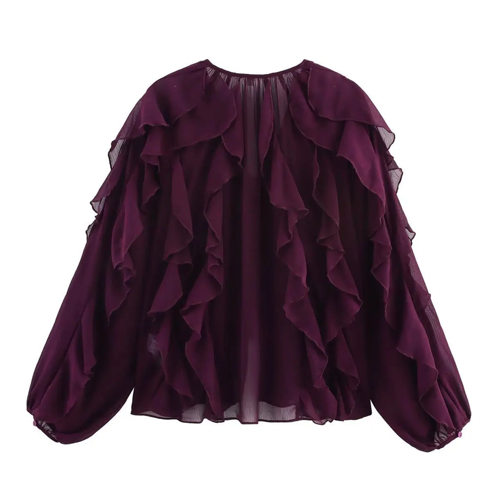 Women's clothing 2025 European new fashion design and ruffled layered decorative V-neck shirt