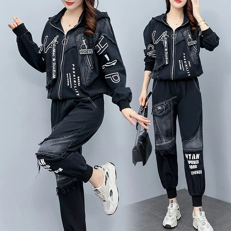 Clothing Suits 2025 Spring autumn Punk Outfits Womens Two Pieces Sets British Loose Casual Hooded Jackets Denim Pants