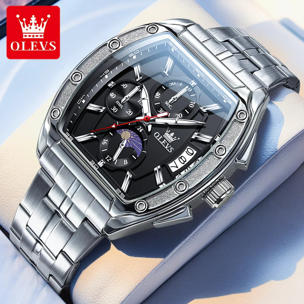 OLEVS Watch New 3661 Mens Watch Luxury Quartz Watch Waterproof Luminous Stainless Steel Moon Phase Sport Tonneau Watches For Men