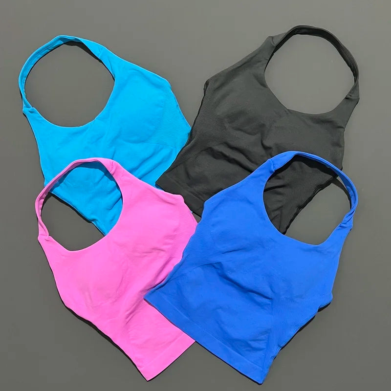 HISTELLO Impact Halter Top Seamless Longline Strappy Gym Top Women Built-in Bra Removable Cups Activewear Yoga Tank Tops