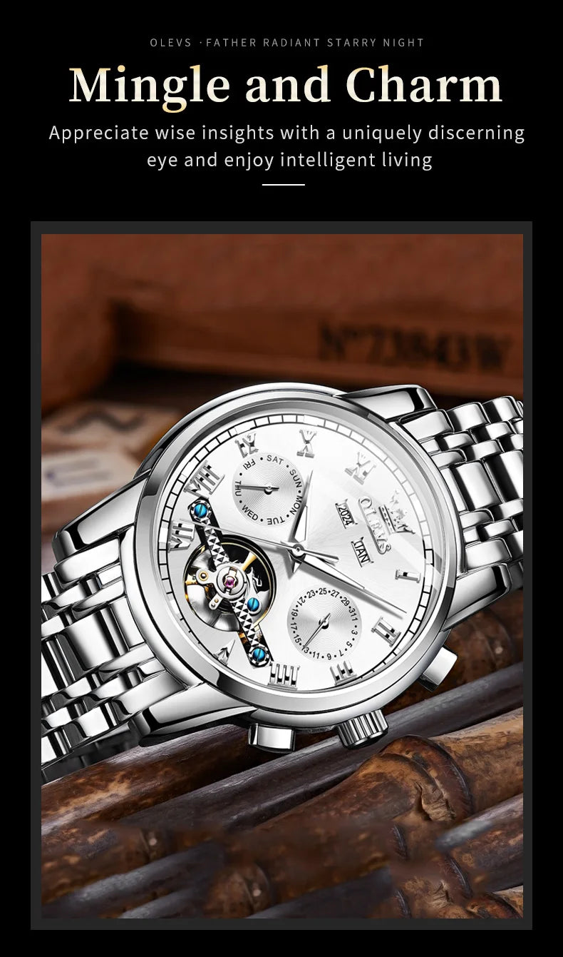 OLEVS 6607 Fully Automaitc Watches Stainless Steel Skeleton Flywheel Dual Calendar Top Luxury Brand Men's Mechanical Wristwatch