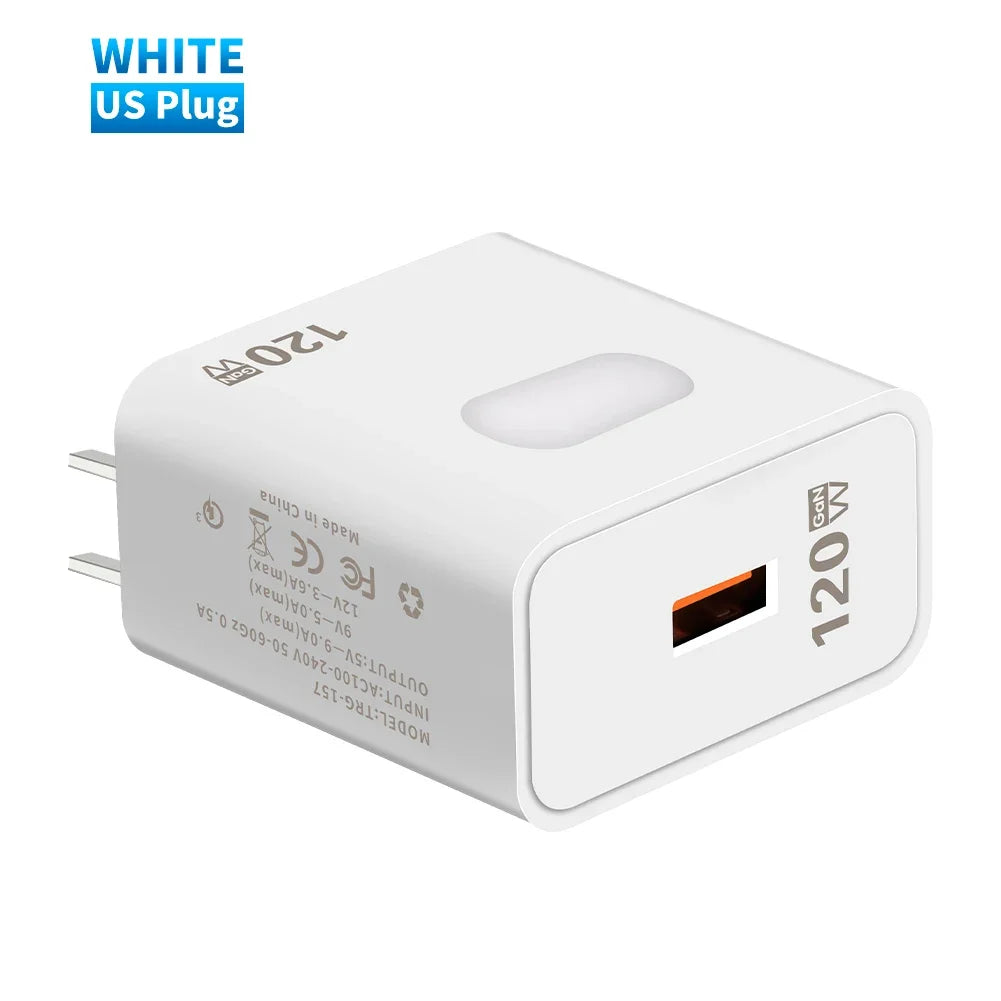 GaN USB Charger Fast Charging 120W Quick Charge QC3.0 Type C Cable Mobile Phone Wall Adapter for Huawei Redmi Xiaomi 15 Oneplus