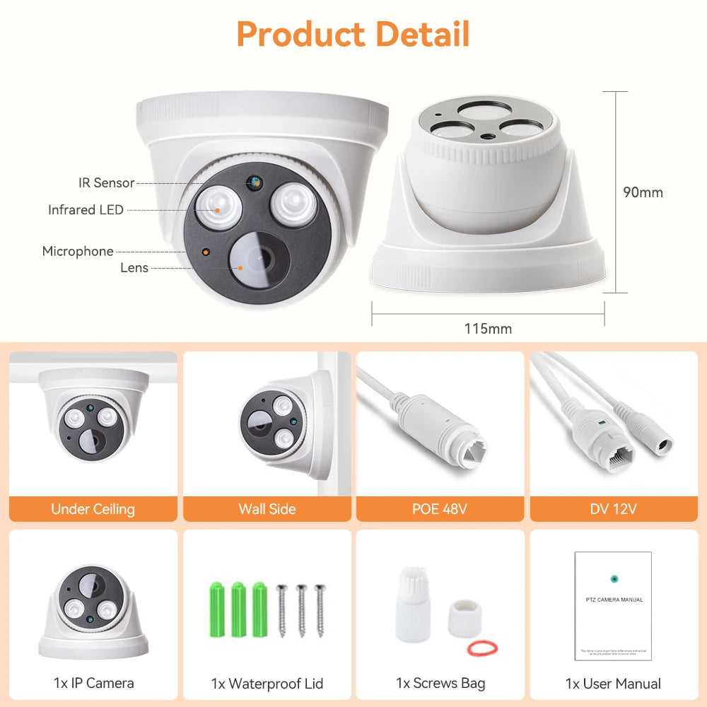 Hamrolte 8MP 4K IP Camera 5MP Dome Indoor Camera Internal Microphone Nigthvision XMeye H.265 Low Storage DC12V POE48V Optional