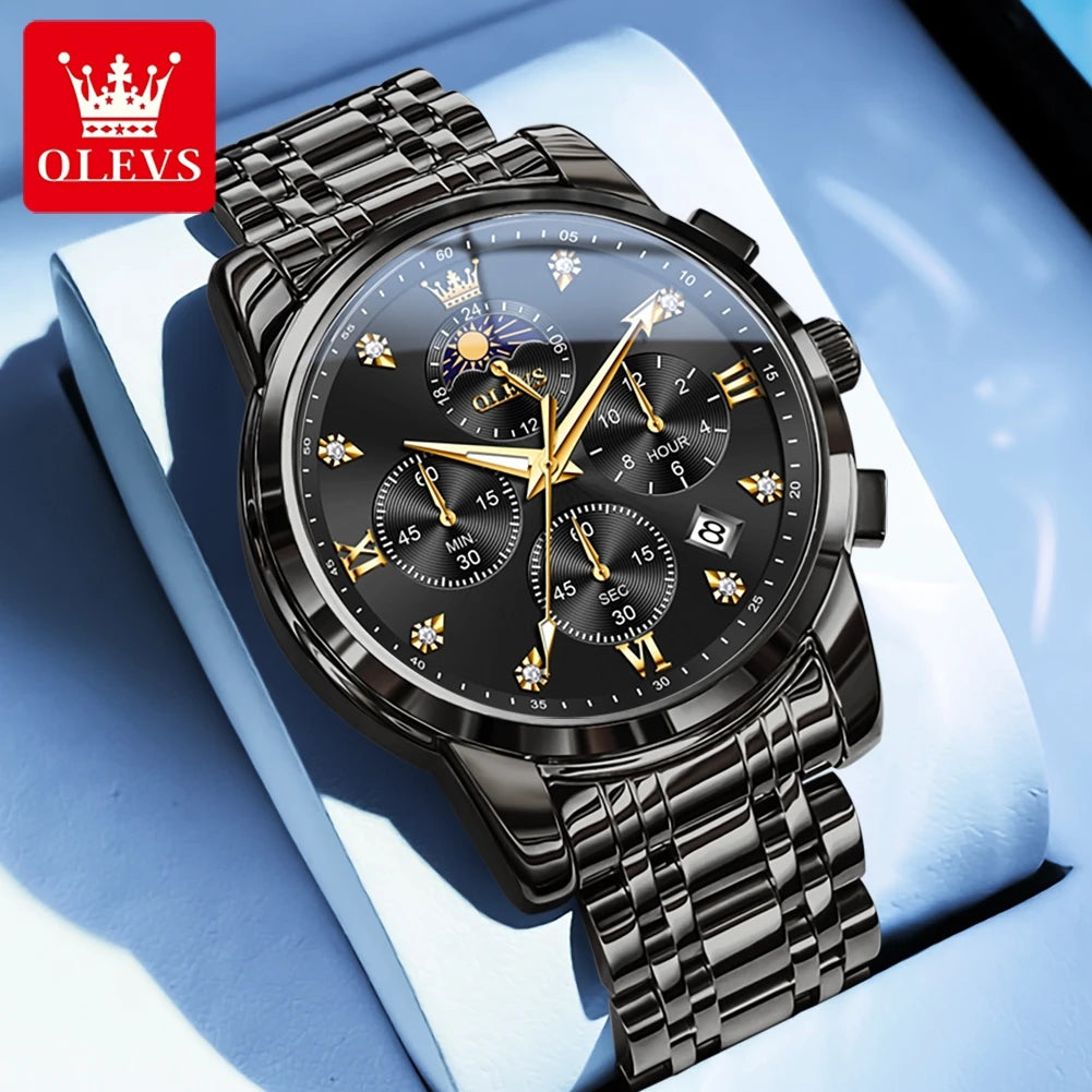 OLEVS 3655 Moon Phase Classic Three Eye Dial Men's Watch Stainless Steel Watch for Male Butterfly Buckle Waterproof Quartz watch