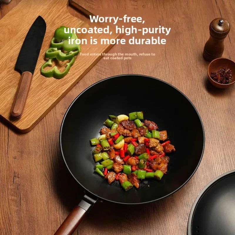 Iron pot without coating, flat bottomed pot already cooked, household induction cooker, gas stove, universal non stick pot