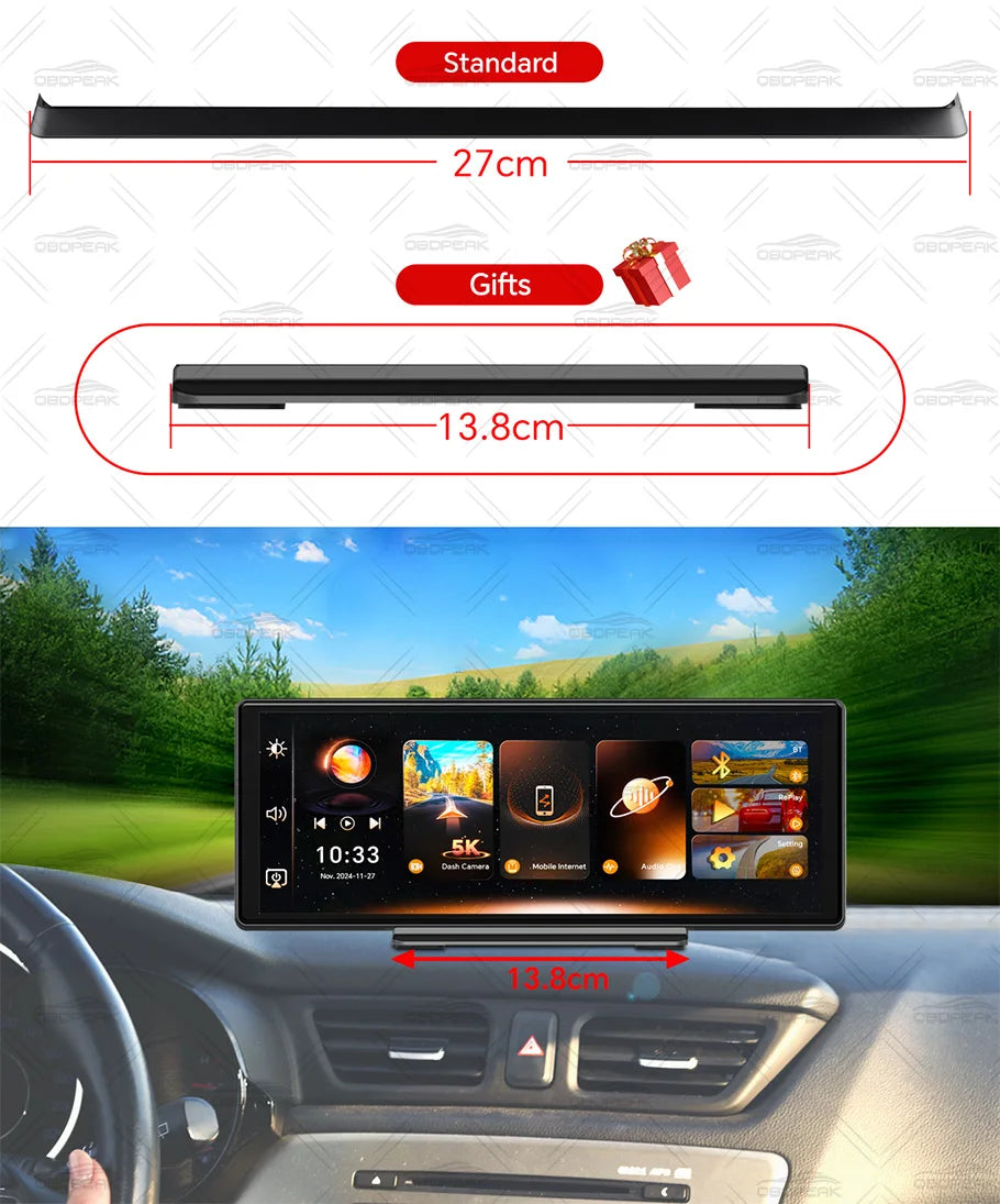 OBDPEAK K8 Pro Front 5K Rear 1080P Dash Cam Camera 11.3" Touch Ai Screen Carplay & Android Auto GPS Navigation Night Vision DVR