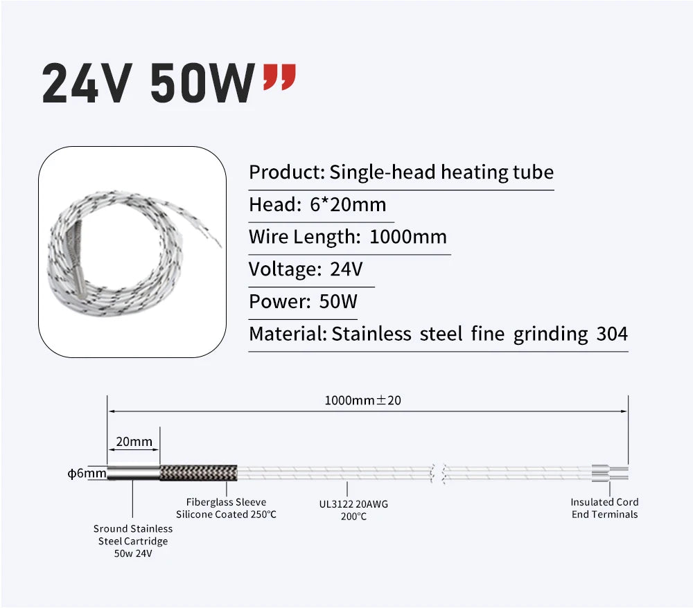 Trianglelab 3D Printer 6*20MM 12V/24V 40W Heater Cartridge With 100CM cable For 3D Printer for PT100 HOTEND Volcano MK8 MK9