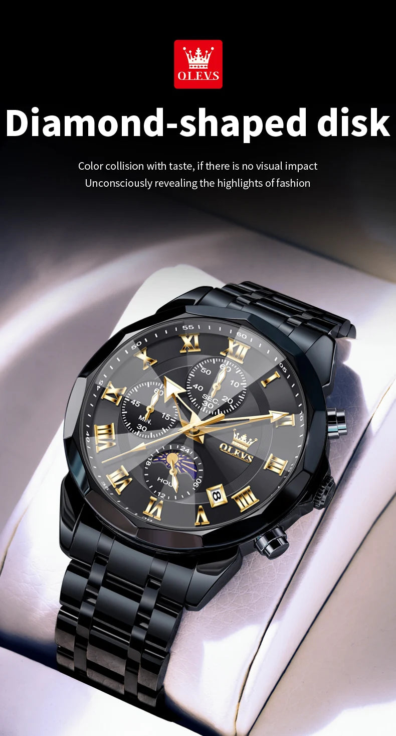OLEVS 3675 Mens Watch Original Multifunctional Chronograph Quartz Watch Moon Phase Watches For Men Waterproof Mens Gifts Reloj