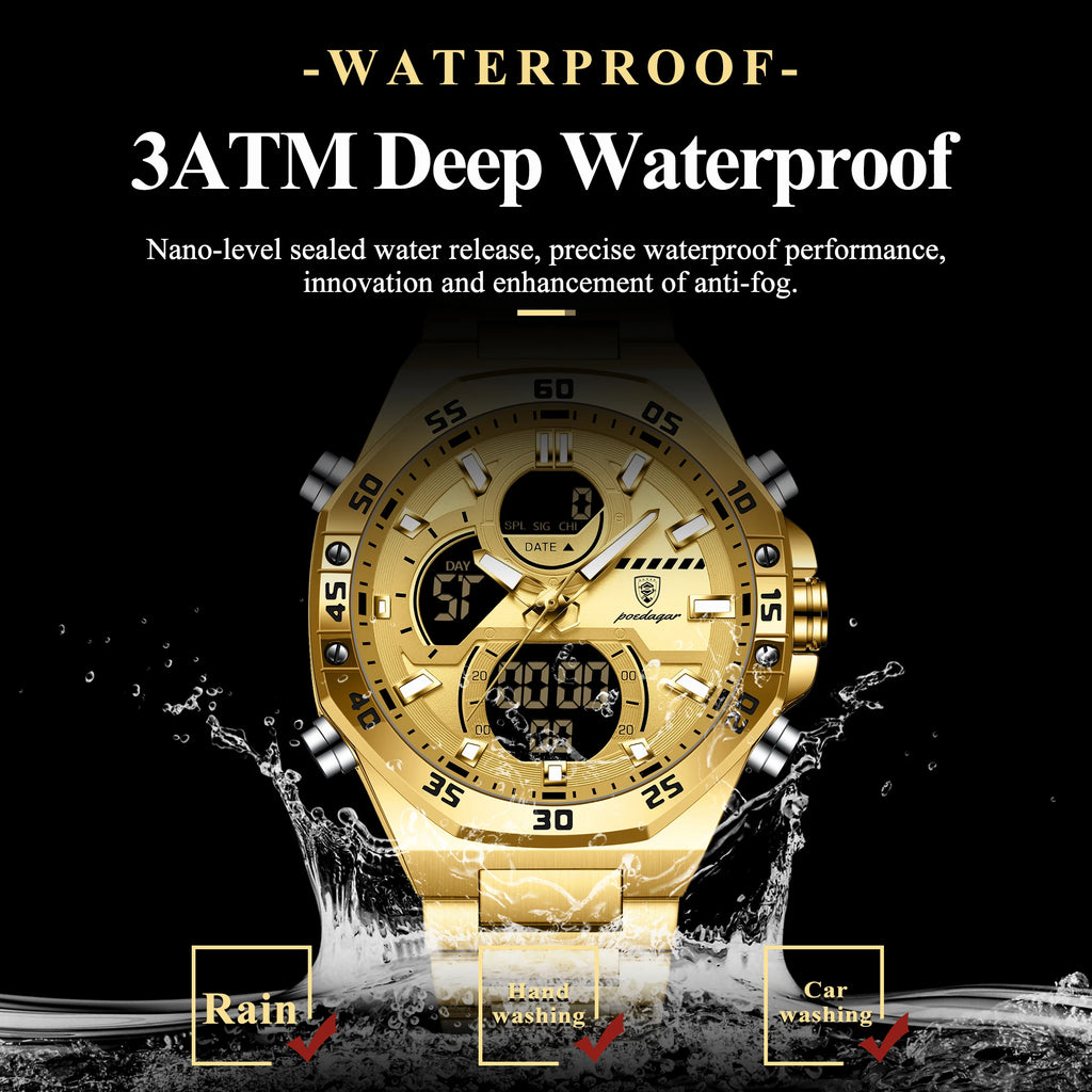 POEDAGAR New Men Clock LED Luminous Waterproof Week Date Military Man Wristwatch Electronic Stainless Steel Quartz Men's Watches