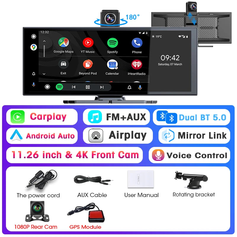 Srnubi Universal 11.26” Car DVR Wireless Carplay Android Auto 4K Front 1080P Rear Camera Dashcam GPS Navi Dashboard 24H Parking