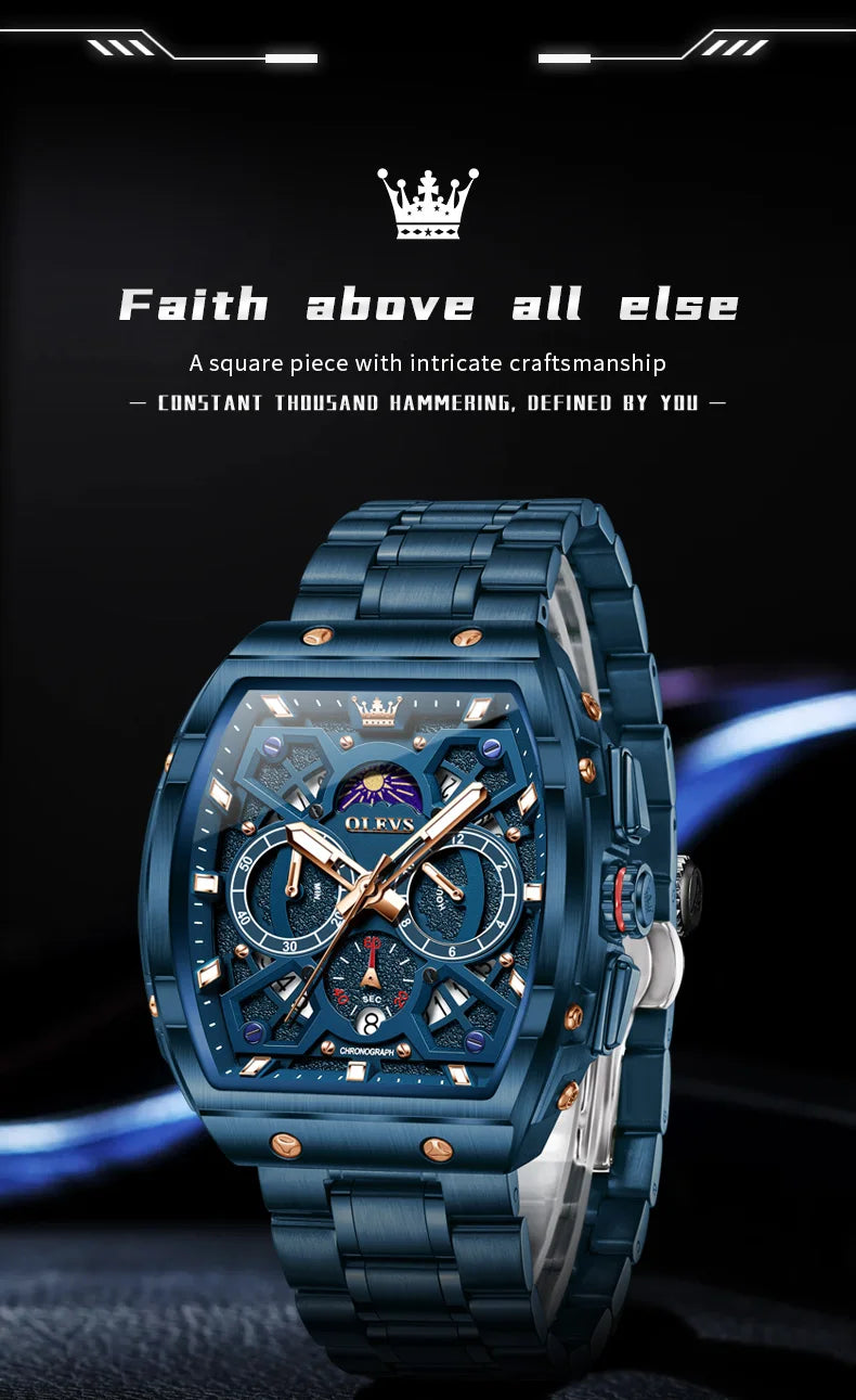 OLEVS 2942 New Mens Watch Original Tonneau Quartz Watch Waterproof Luminous Stainless Steel Watches For Men Gifts Box