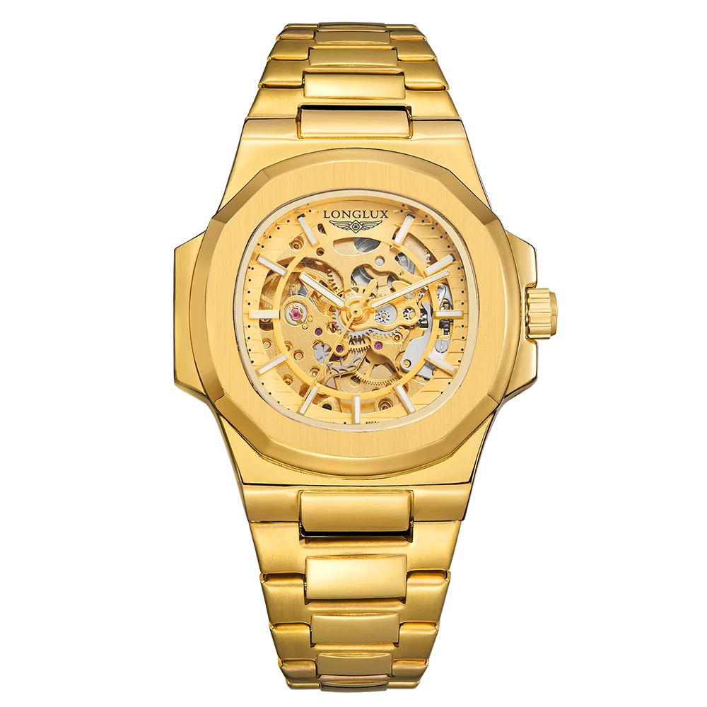 LONGLUX Men automatic mechanical watch luxury watches waterproof skeleton business cheap wholesale stainless steel gift watch