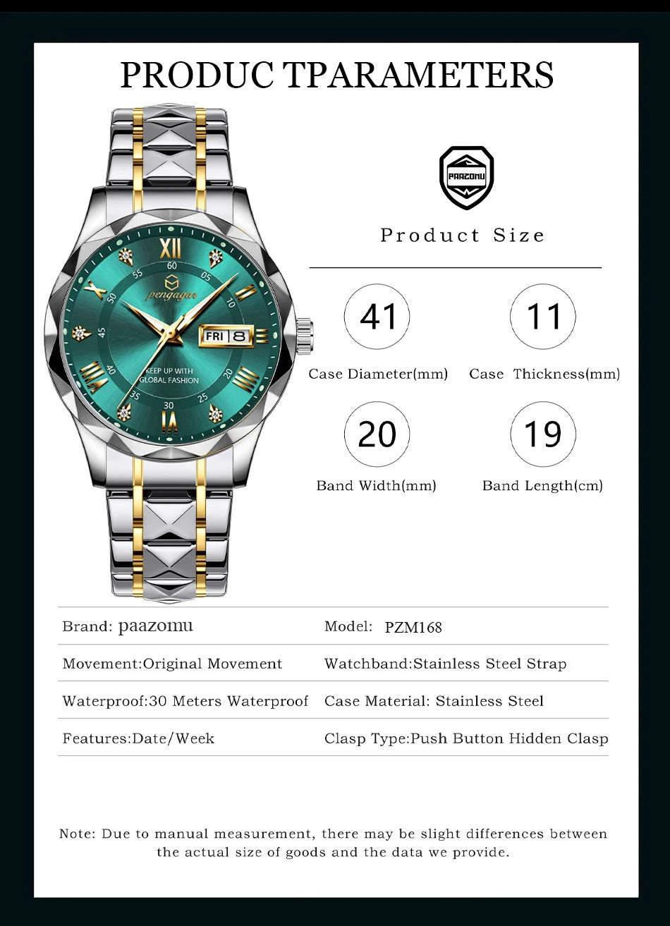 PENGAGAR Luxury Square Sport Man Wristwatch Waterproof Luminous Chronograph Quartz Men's Watches Stainless Steel Men Watch Reloj