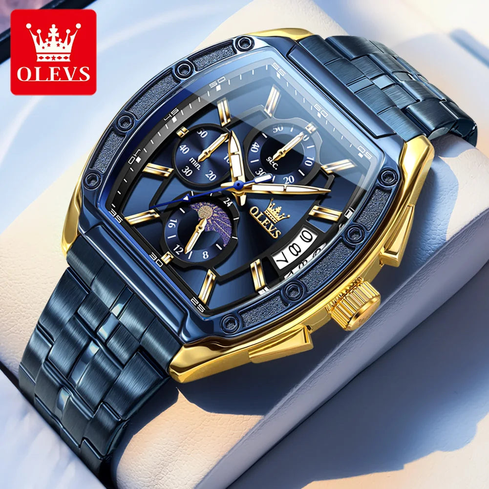 OLEVS Watch New 3661 Mens Watch Luxury Quartz Watch Waterproof Luminous Stainless Steel Moon Phase Sport Tonneau Watches For Men