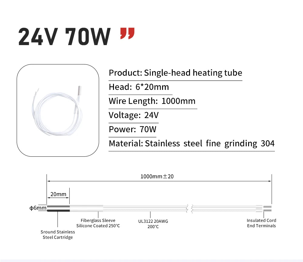 Trianglelab 3D Printer 6*20MM 12V/24V 40W Heater Cartridge With 100CM cable For 3D Printer for PT100 HOTEND Volcano MK8 MK9