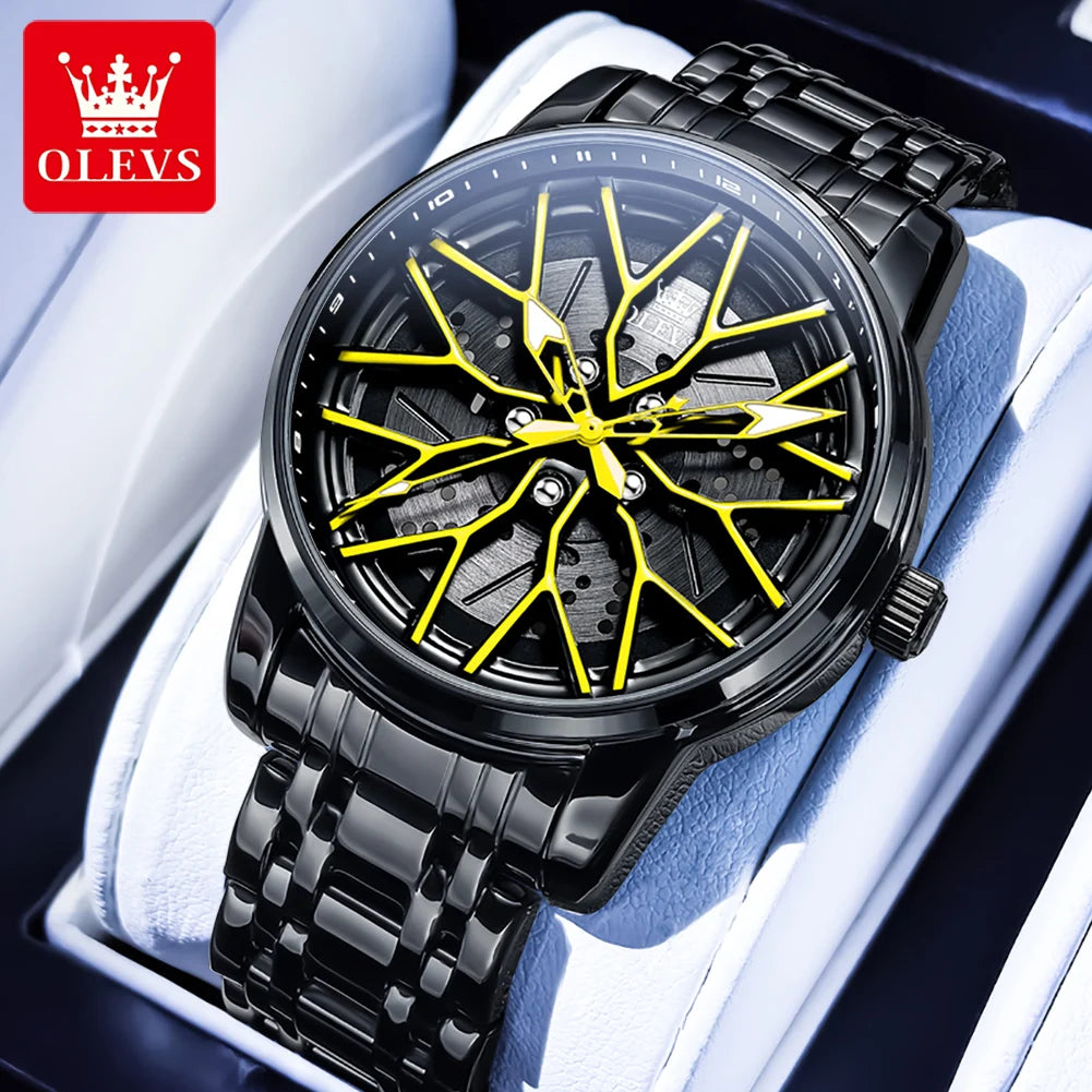 OLEVS 3701 Mens Watch Rotatable Wheel Hub Dial Fashion Quartz Watch Waterproof Luminous Stainless Steel Watches For Man Original