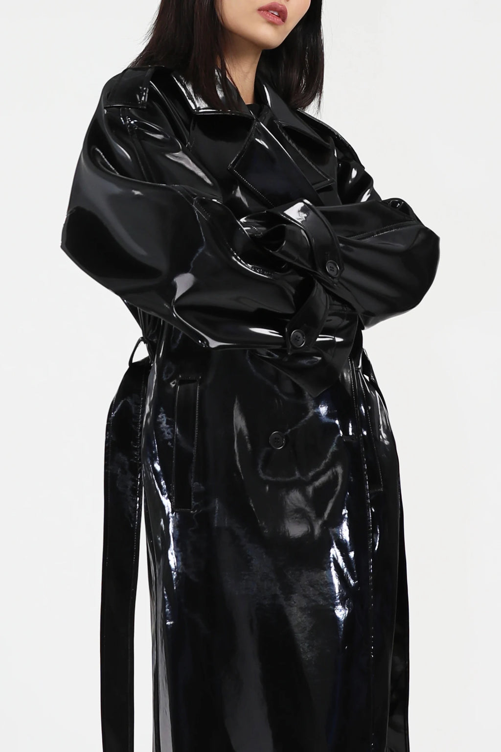 Lautaro Spring Autumn Long Shiny Reflective Patent Leather Trench Coat for Women Sashes Luxury Designer Runway European Fashion