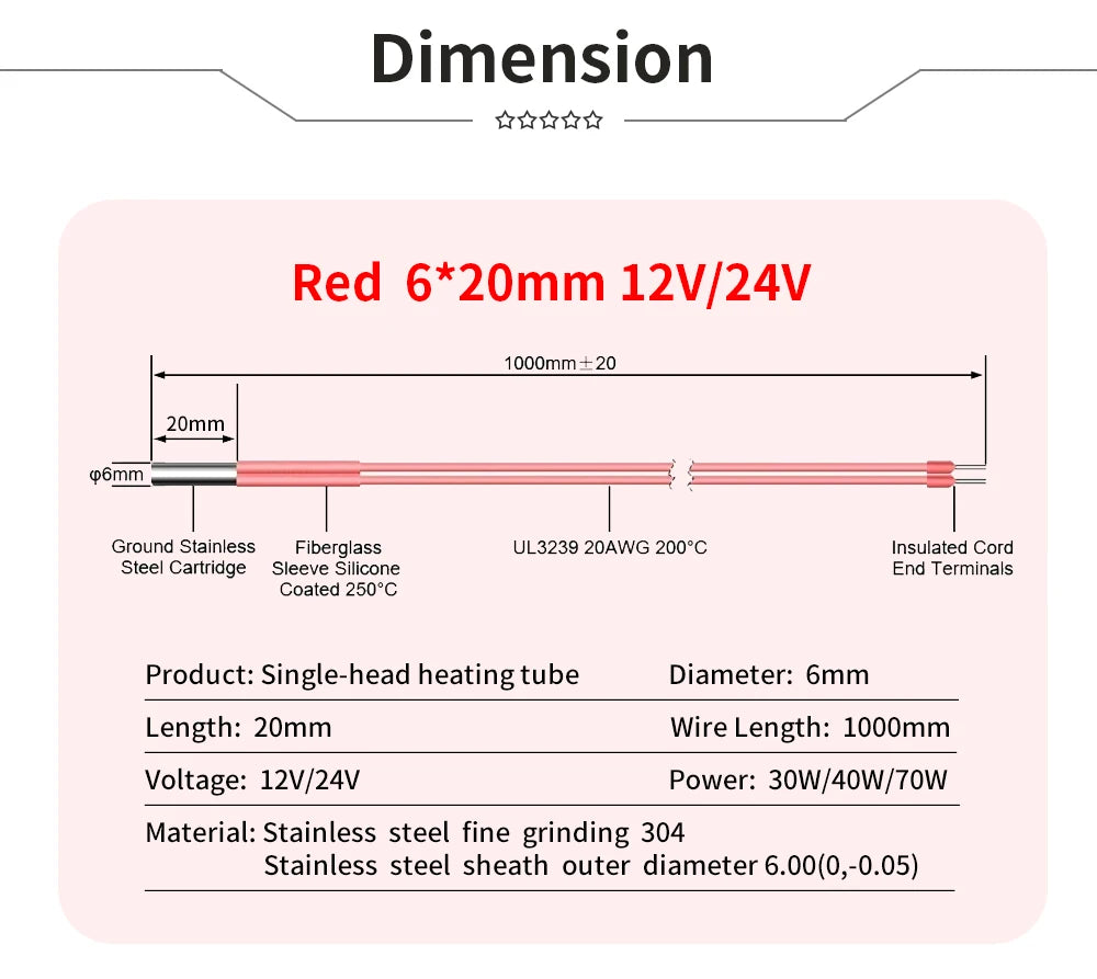Trianglelab 3D Printer 6*20MM 12V/24V 40W Heater Cartridge With 100CM cable For 3D Printer for PT100 HOTEND Volcano MK8 MK9