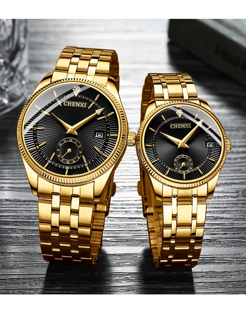 CHENXI Luxury Brand Casual Couple Watch Golden Stainless Steel Quartz Watch for Men's and Women's Waterproof Luminous Wristwatch