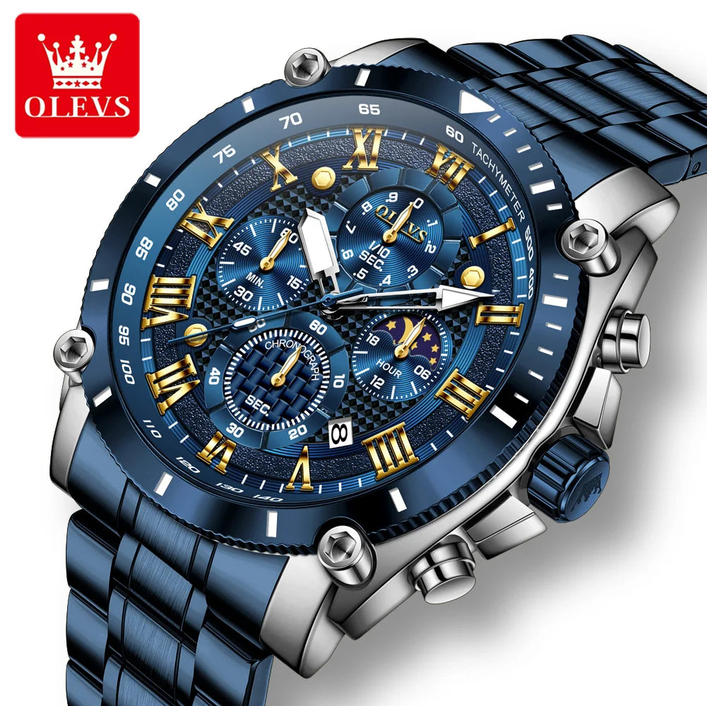 OLEVS New Man Watch Moon Phase Chronograph Waterproof Luminous Multi-functional Original Luxury Brand Quartz Men's Watches 3689