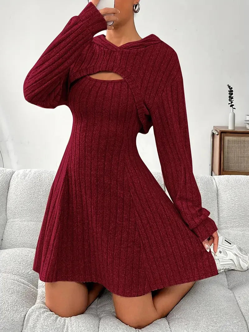 Woman Clothing Set Long Sleeved Hooded Top And Sleeveless Square Neck A-line Vest Dress