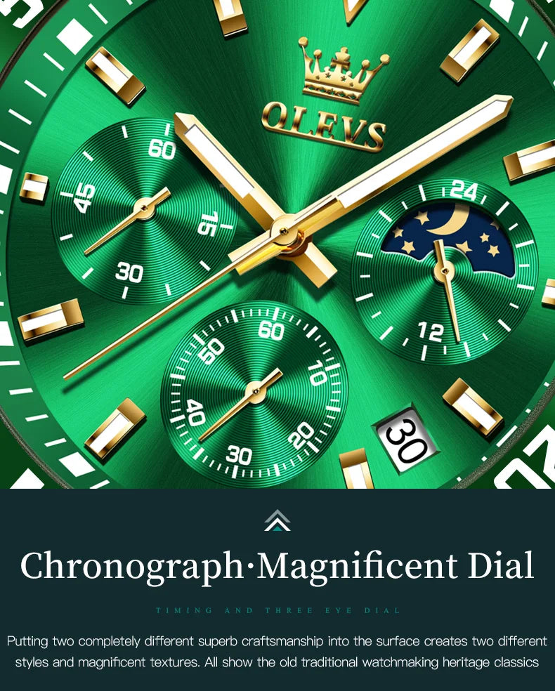 OLEVS Men's Watches Top Brand Luxury Watch for Men Original Waterproof Stainless Steel Chronograph Moon Phase Date Rota Dial